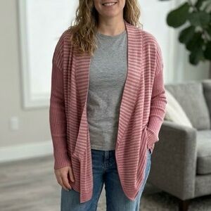 Hatley Blush Striped Ribbed Wrap Cardigan L Boho Whimsical Cottagecore Pink Chic